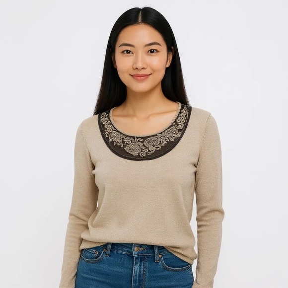 Etcetera Sweaters - Etcetera M Silk Cashmere Tan Sweater Sheer Black Embroidered Detail R $275